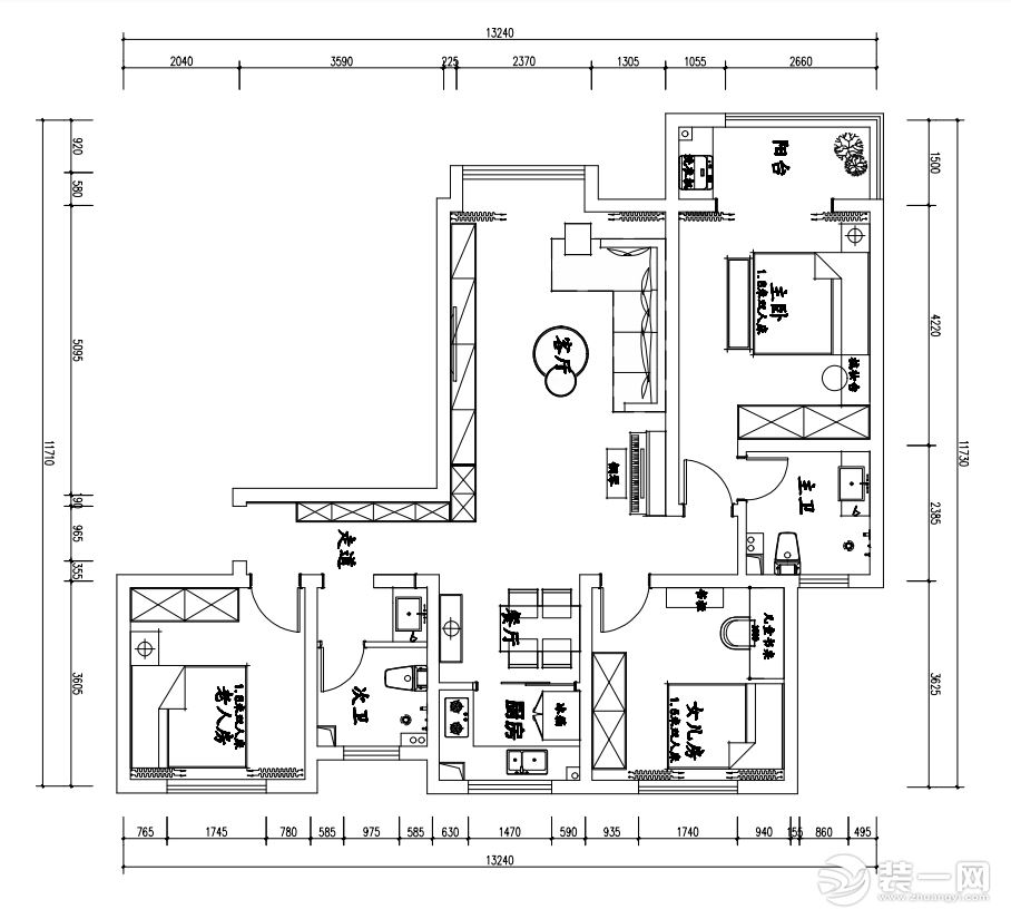 三室两厅两卫户型的平面方案