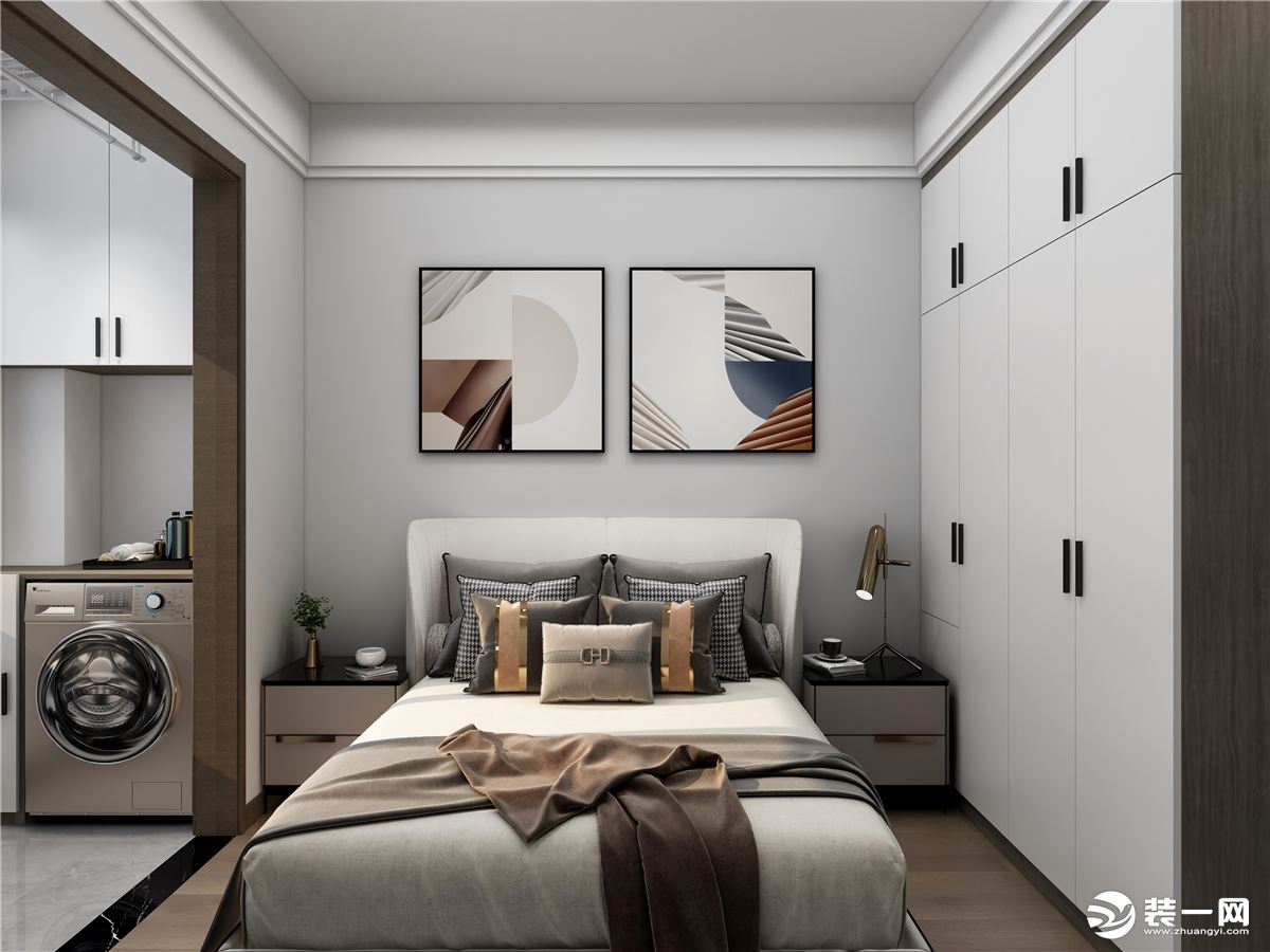 次卧家具简单的造型和床品细腻的质感传达出温馨舒适的氛围。
