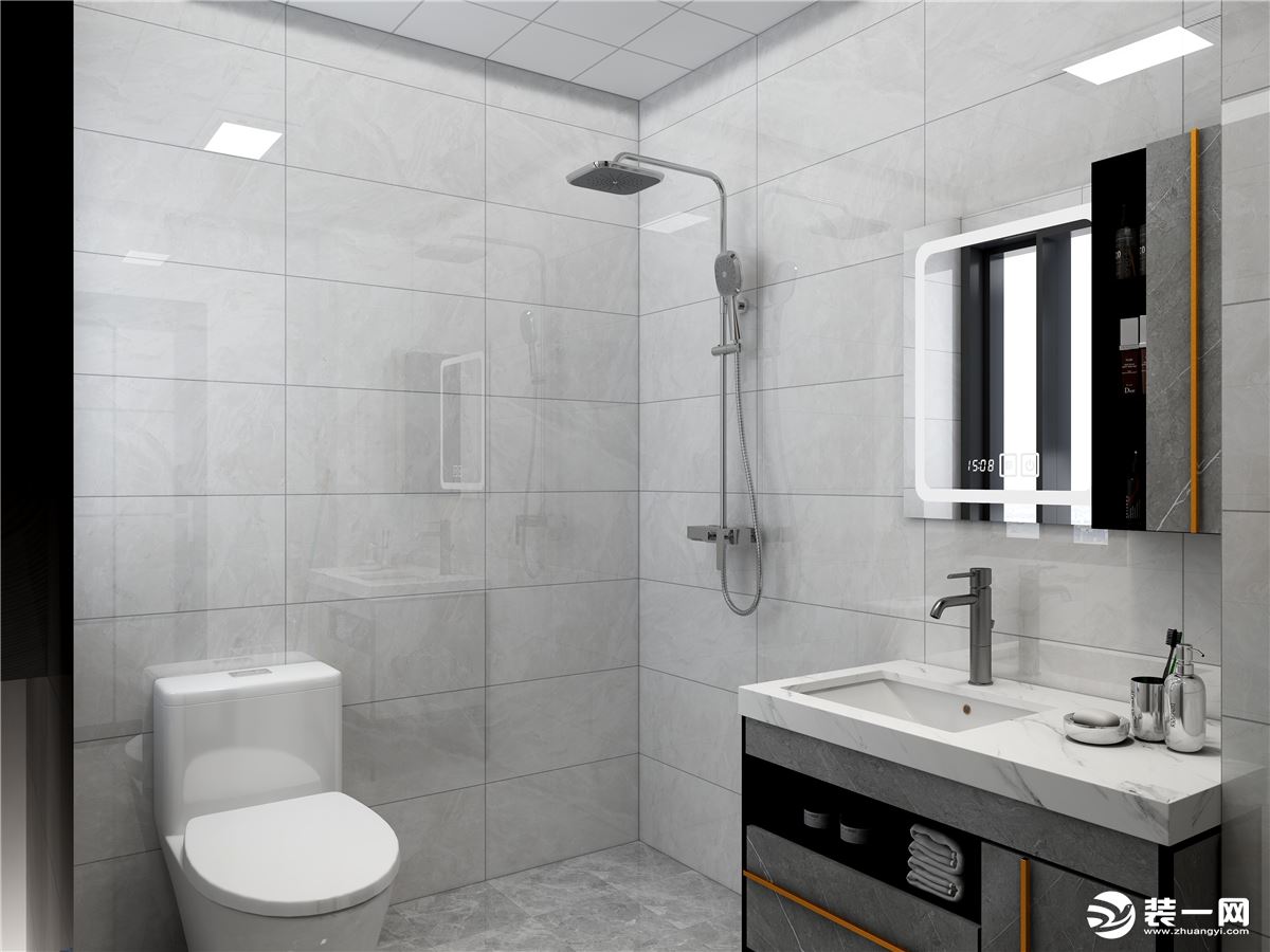卫生间墙砖采用黑白灰色调，有了视觉上的效果对比，增加了空间的高级感，整体搭配下来时尚又大气。