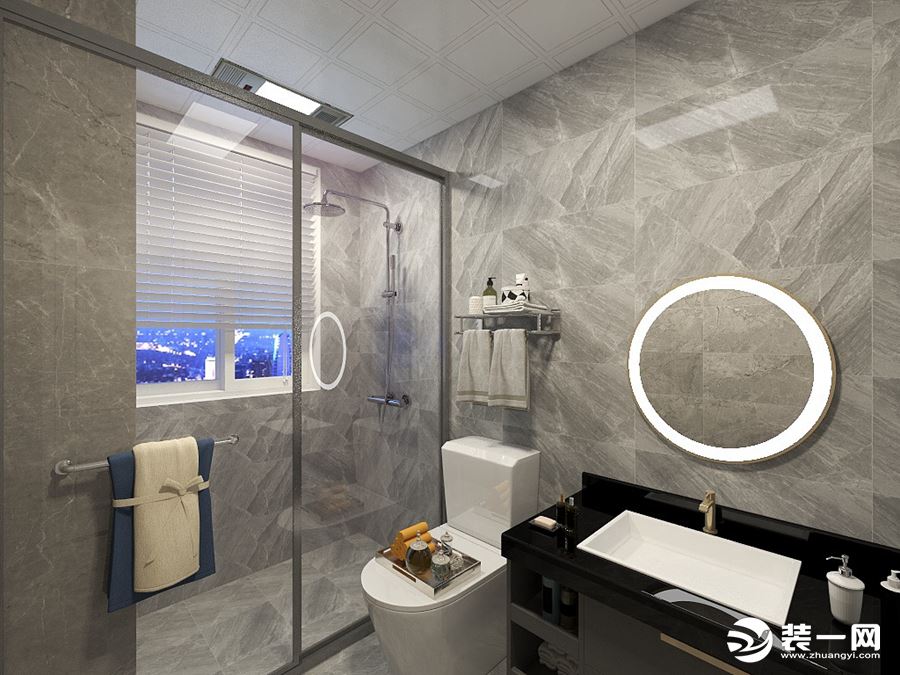 卫生间空间整体色调也采用了冷色系，适感觉整体的空间一体化，采用干湿分离的设计方便居家生活的使用。
