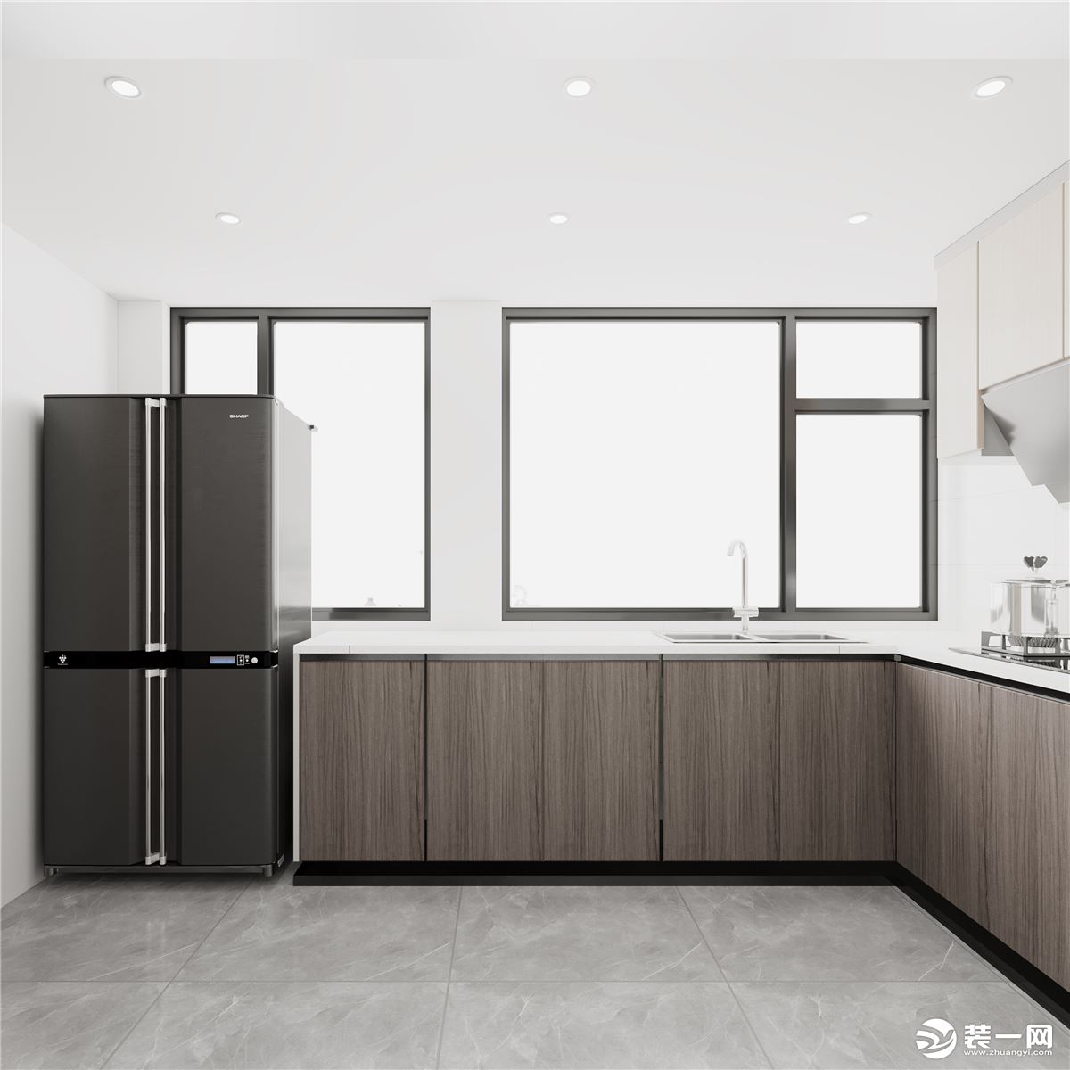 廚房L型設計將煙機灶具放置東側，更好的增加儲物空間，冰箱放置在左側方便物品的拿放使用。