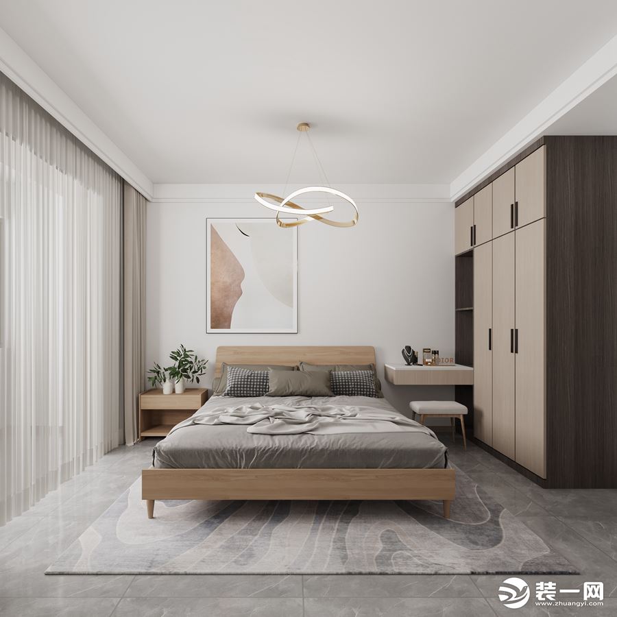 主臥室采用白色色調，最大限度的保證采光，掛畫搭配簡潔、干凈。
