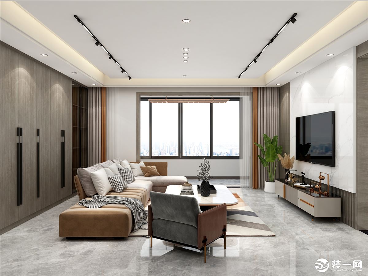 客厅采用的当下比较流行的无主灯设计，整体是轻奢质感的色调，舒适而具有设计感的家具，搭配起来大宅质感。