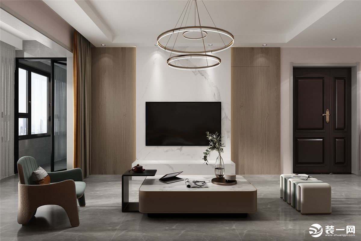 电视背景墙简洁的白色石材和木饰面搭配起来明亮、奢华、设计感尽收眼底。