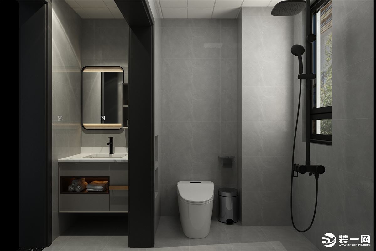 灰色墙砖突显出了整个空间的高级感，浴室柜上水泥木纹图案搭配上浴室镜的灯带元素，突显出高级的轻奢感。