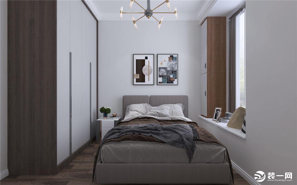 南次卧风格简单，空间衣柜+床的摆放正好合适，床头背景墙挂画的搭配不显单调，增加了层次感。