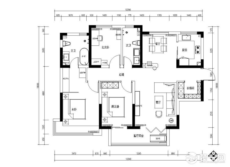 三室两厅两卫的平面户型方案