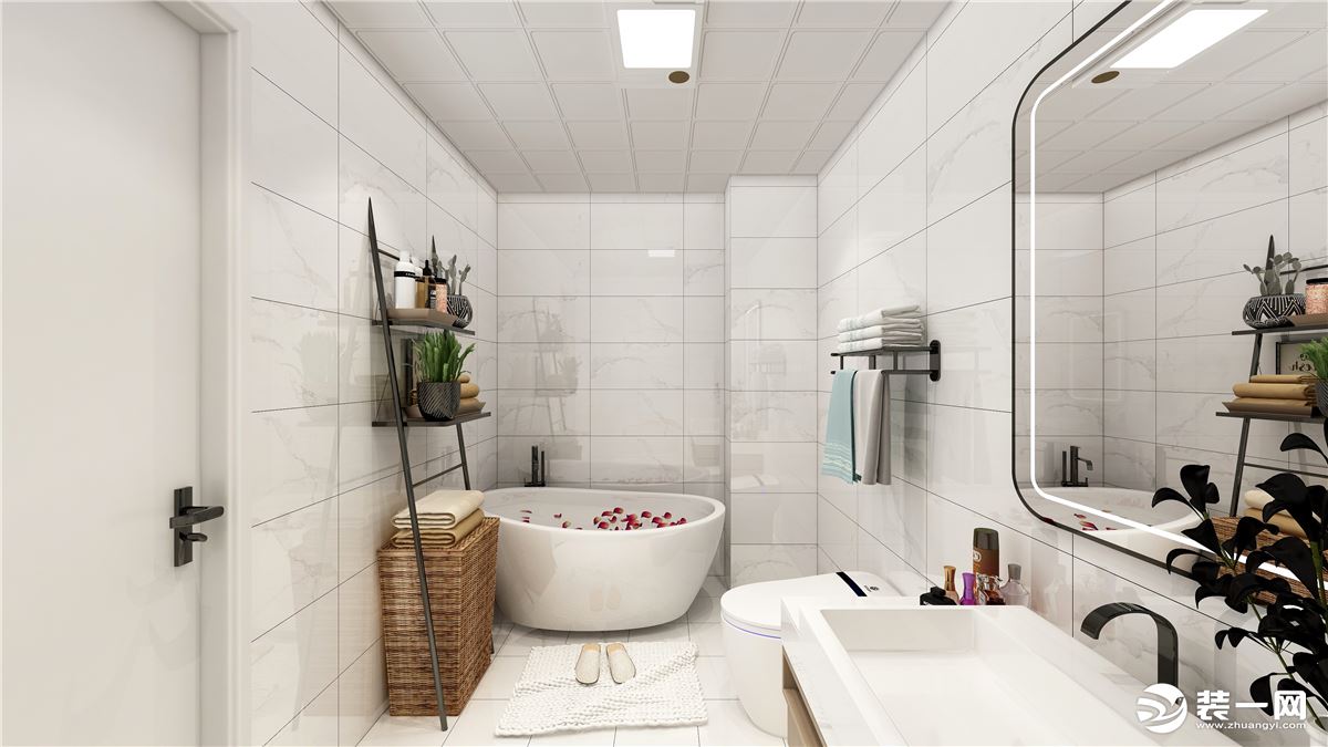 卫生间空间采用白色小砖，显得空间明亮，里侧放置的小浴缸方便孩子的洗浴，后期也可换做其他生活区域。