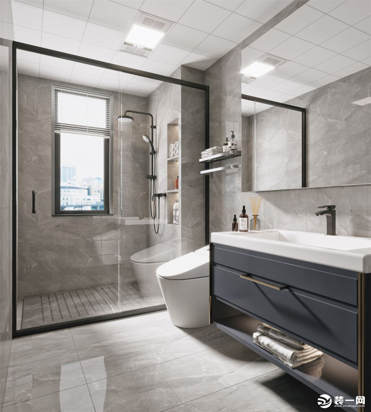 卫生间雾灰色的浴室柜显得时尚美观，墙排水设计没有卫生死角，干湿分离设计让空间层次分明，壁龛也方便使用