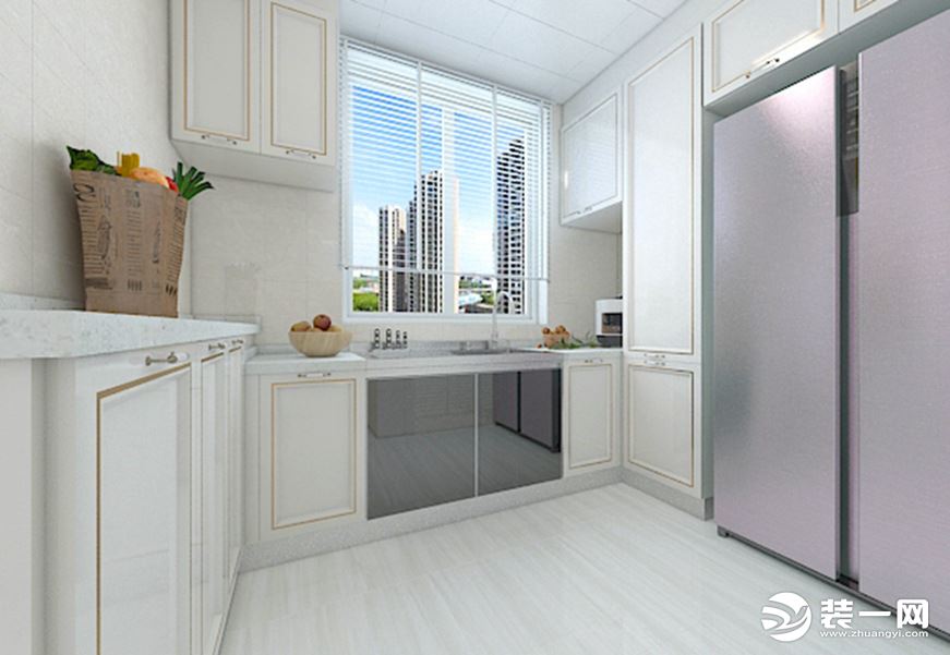 厨房继续采用白色色调，柜门选用白色搭配金属线条，明朗清新的色彩低调的展示着奢华与美。