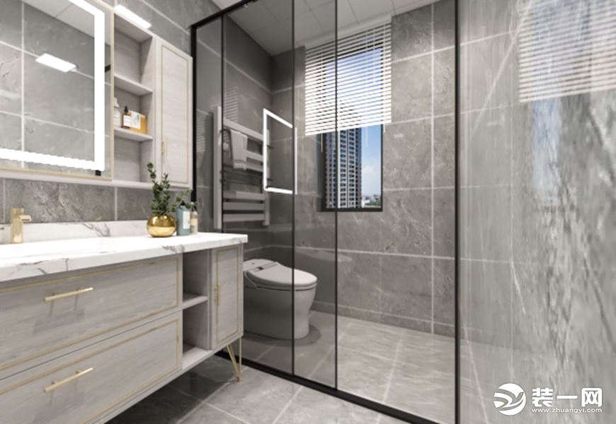 客卫灰色系墙砖简洁大方，浴室柜色彩成为空间最鲜明的色彩对比，打破空间的色调，节奏带感。