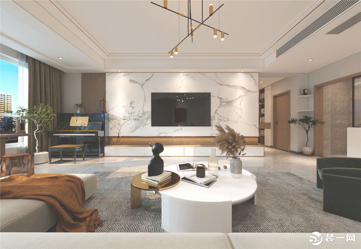 通过门与木饰面，将客厅空间划分出茶艺的休闲区域，与客厅空间和谐统一。
