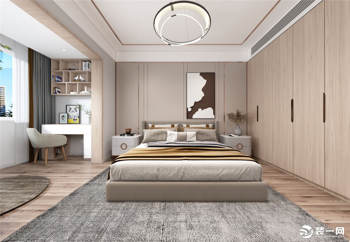 主卧背景以硬包搭配金属线条，灰色的床品打造了一个温馨舒适的居住空间，提升了空间的艺术美感。