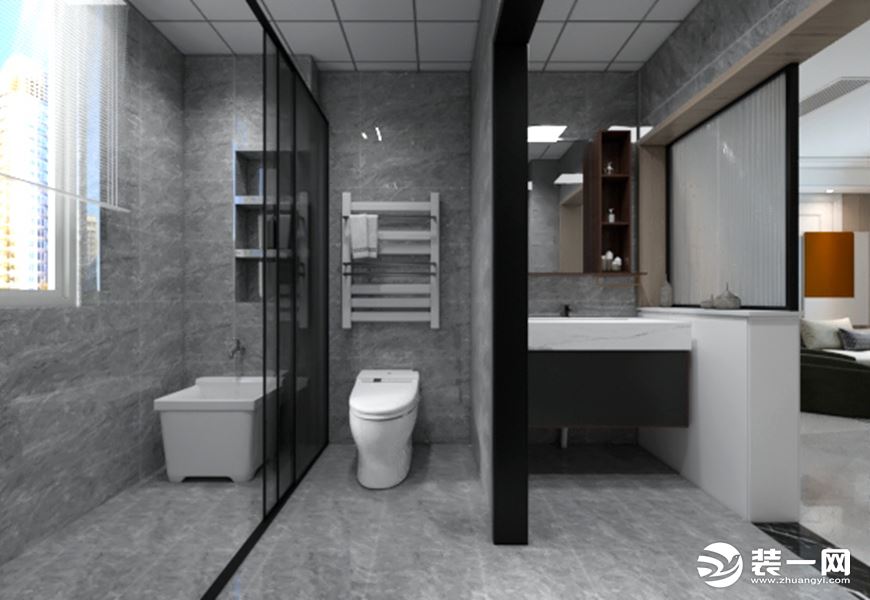 墙地面通铺深色纹理的大理石，洁具选用简约款，淋浴房则采用极简的边框款式，显得黑白构成的卫浴间十分通透