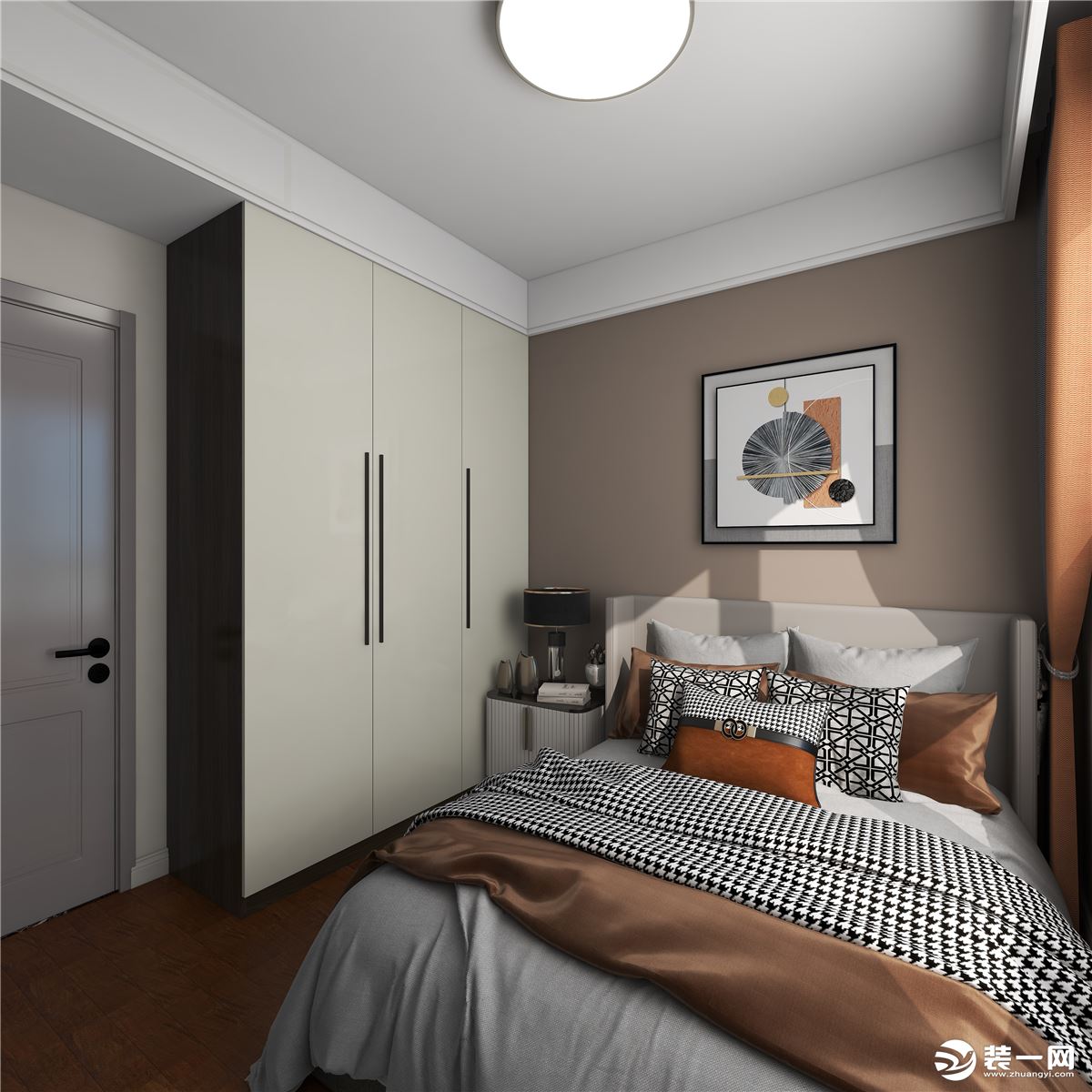 卧室作为休息的空间，舒适度为首要考虑，没有做繁杂的造型，白色皮质的床、棕色的木地板搭配沉稳大气。