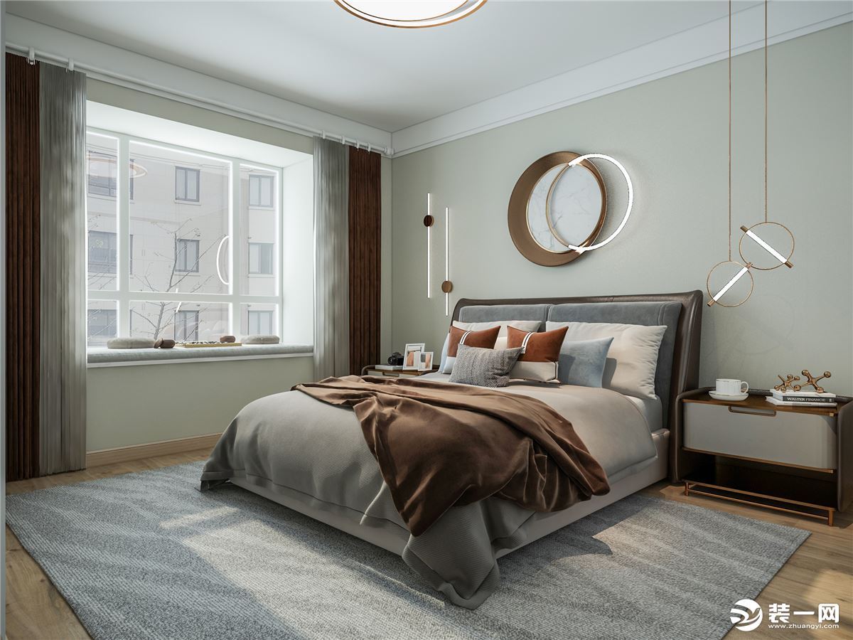 卧室墙灰色乳胶漆搭配线性灯简约干净，暖色地板综合了空间色调，不会显得那么冷，作为休息的场所也很合适。