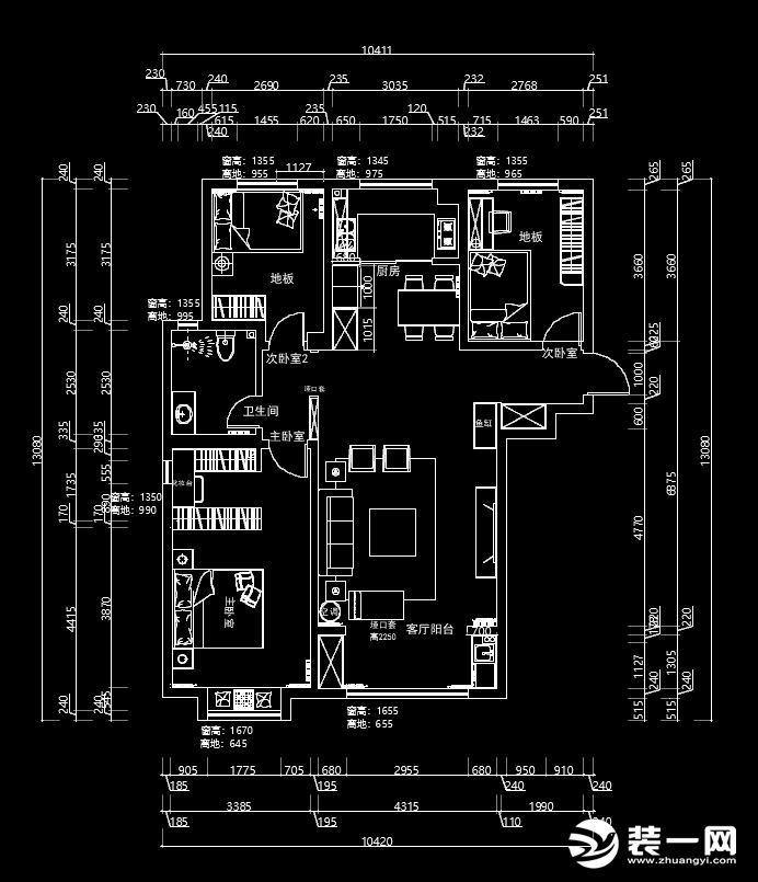 三室兩廳一廚一衛(wèi)的平面戶型方案