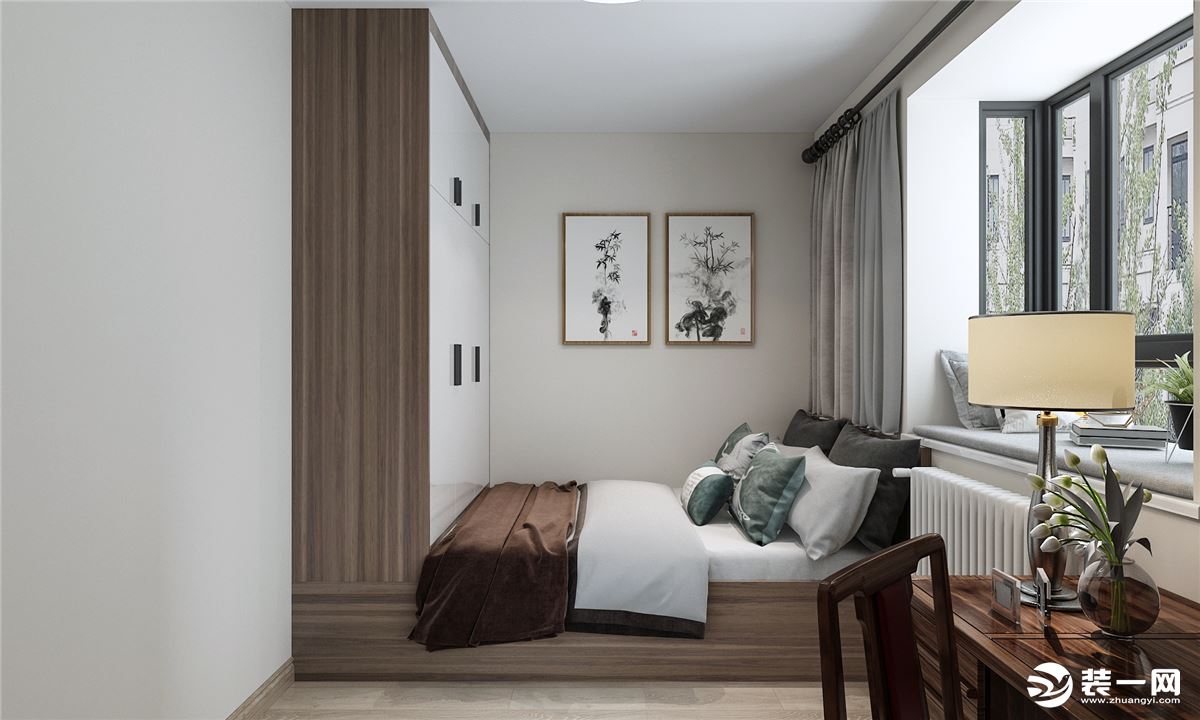 次卧房间相对比较小一些，所以做了榻榻米的方案设计，色调上沿用了新中式风格原木色的整体色调。