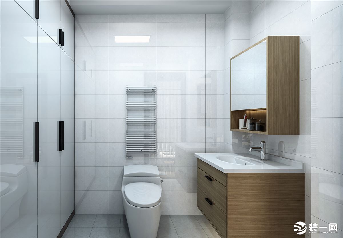 长方形卫生间利用率超级高，客卫还加了很多客户都想装的玻璃淋浴隔断，防止淋浴室时水的外溢。