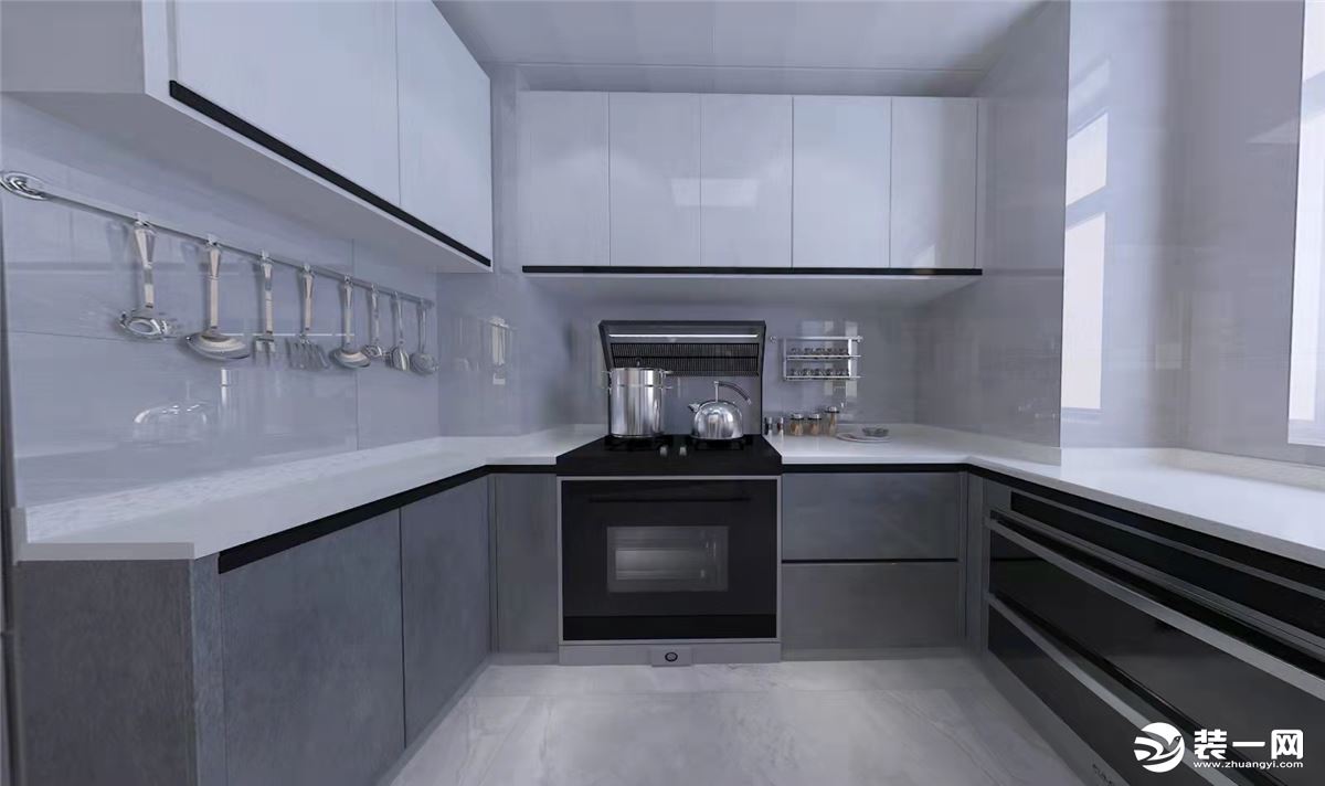 厨房设计采用U字型台面设计，地柜和吊柜的组合也增加了储物功能，选用浅灰亮面平板门，更显简洁，高级。