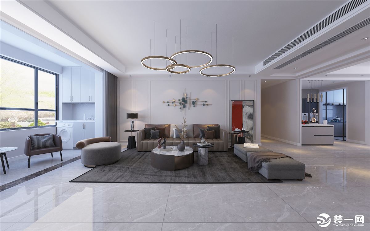 沙发背景墙采用线条设计，简单时尚，结合灰白大地砖让空间显得统一