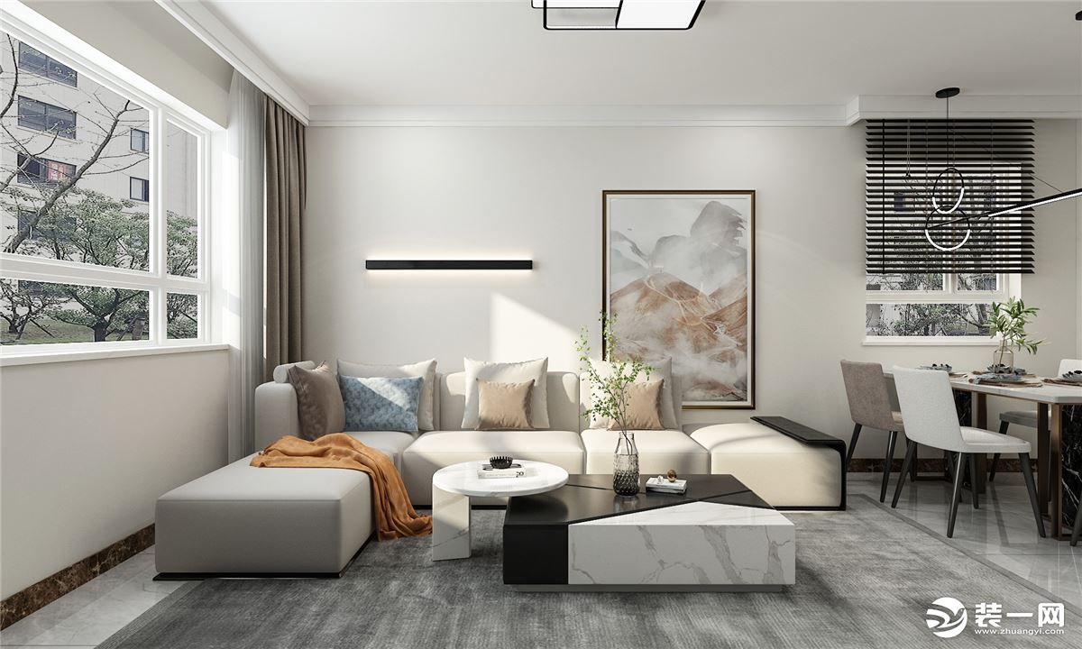 布艺的现代沙发看起来就给人一种舒适的感觉，空间色彩大面积的留白，既增加时尚感也简单、大方。