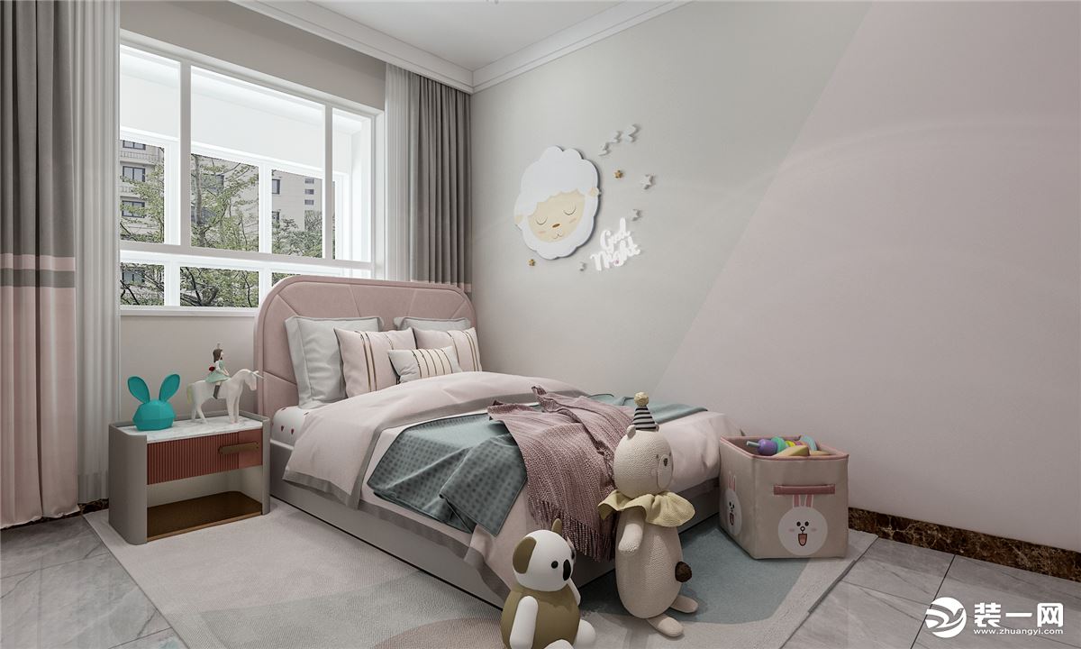 次卧作为孩子房间设计的更童真一些，烟粉色表现孩子心中的公主梦，墙面的乳胶漆灰与粉的结合也不会显得太腻