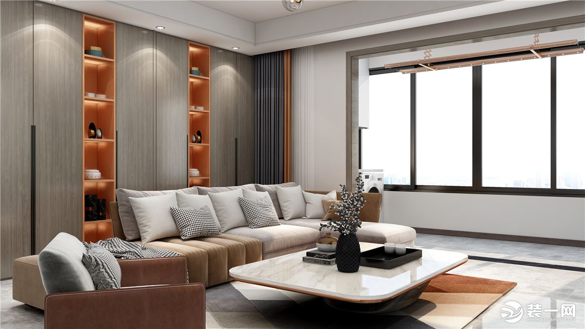 客厅沙发背景墙采用木饰面与柜子结合的形式，既统一又增加储物功能。