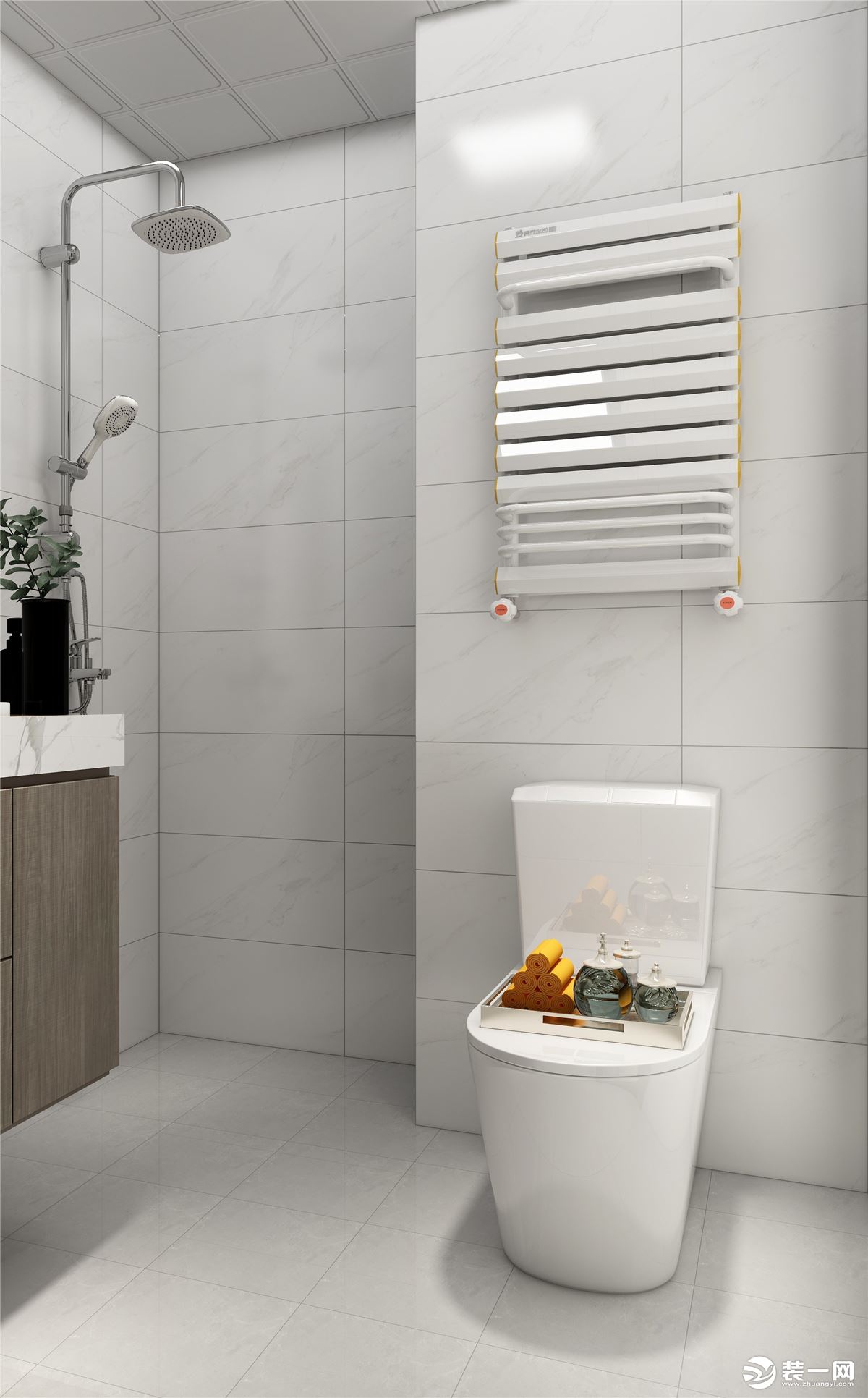 卫生间墙砖采用白灰色调，有了视觉上的效果对比，增加了空间的高级感，整体搭配下来时尚又大气。