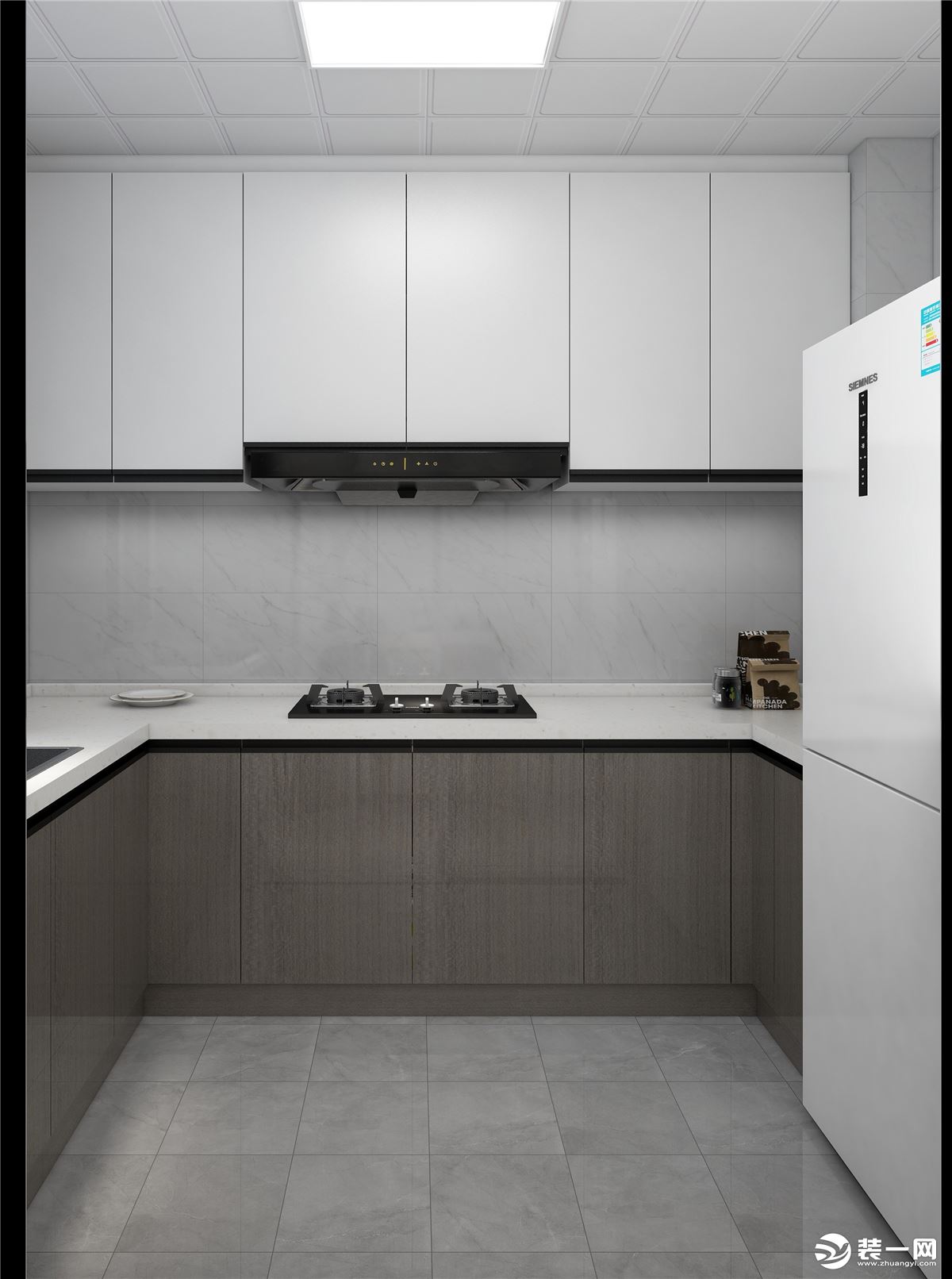 地柜采用阿拉斯加橡木和吊柜采用雪松白，由于厨房空间采光不太好，采用浅色墙砖让空间会亮一些。