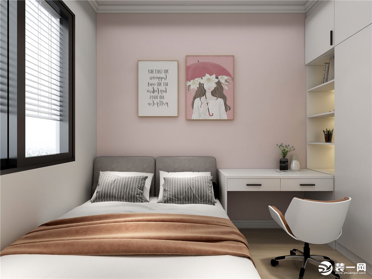 次卧粉色乳胶漆作为床头背景墙，旁边的书桌旁边后期的学习，也是一个适合休息的好场所。