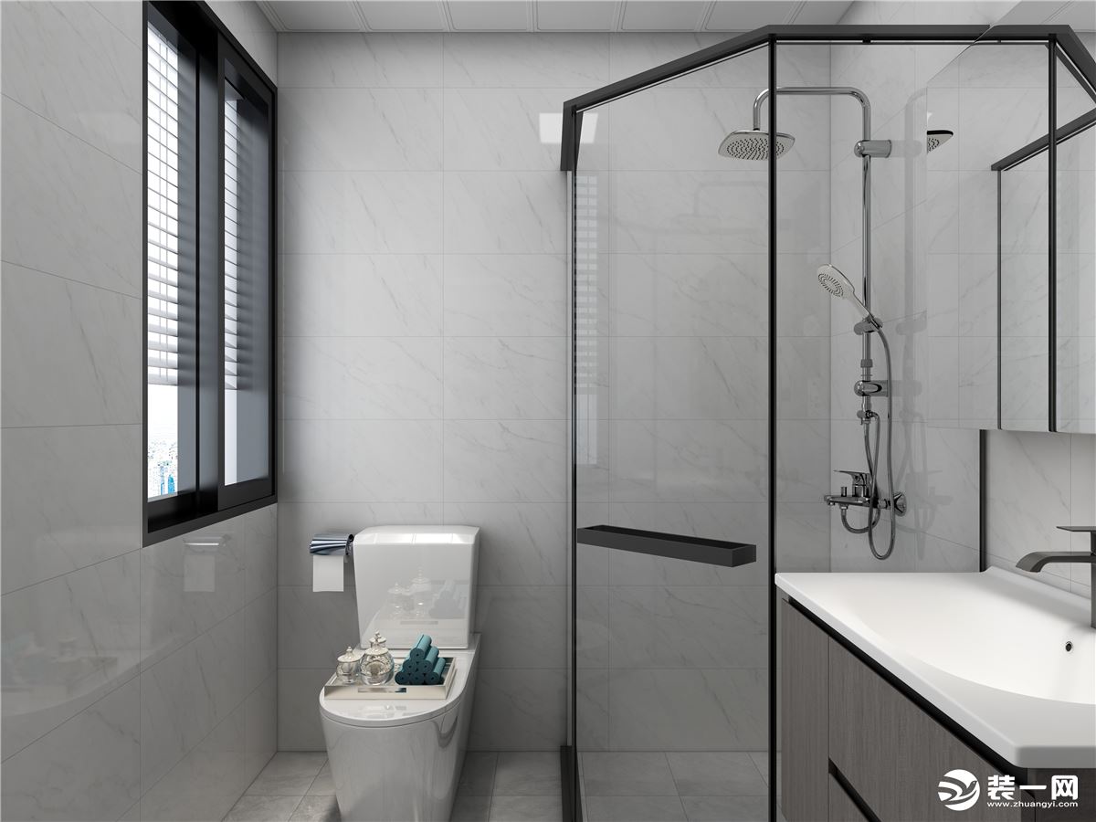 卫生间墙砖采用黑白灰色调，有了视觉上的效果对比，增加了空间的高级感，整体搭配下来时尚又大气。