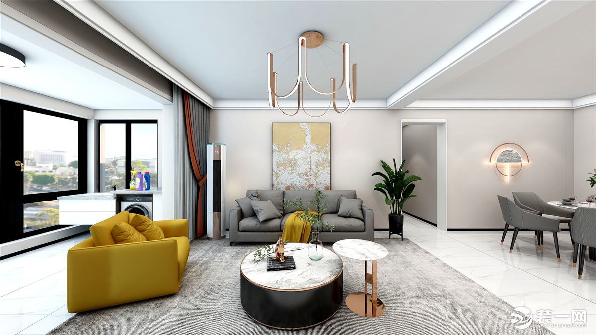 客厅主色调为素雅的浅灰色，但在重要的家具上 也采用高明度的点缀色，整不失活泼，整个空间更加丰富有趣。