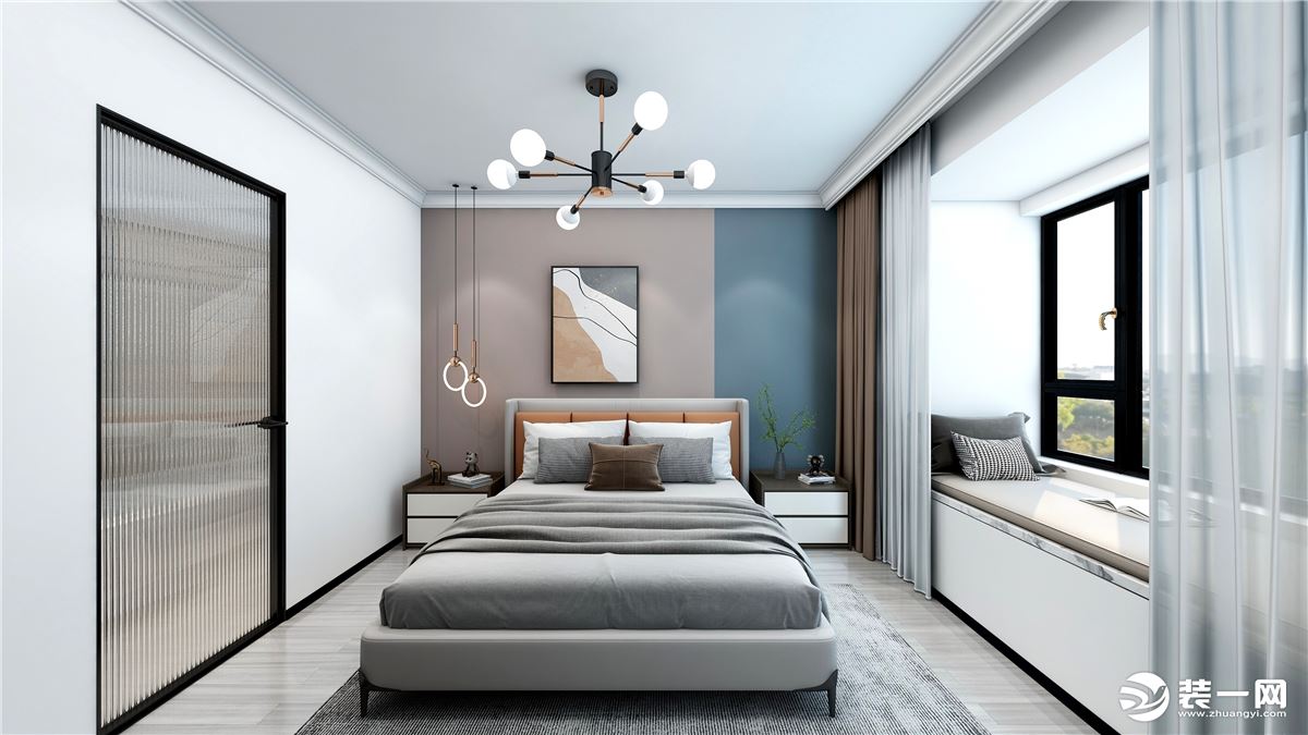 卧室主色调与公共区域的灰白橙相对应，棕灰色的床头造型并入脏粉色和蟹灰蓝的拼色背景，细节之处表现出艺术