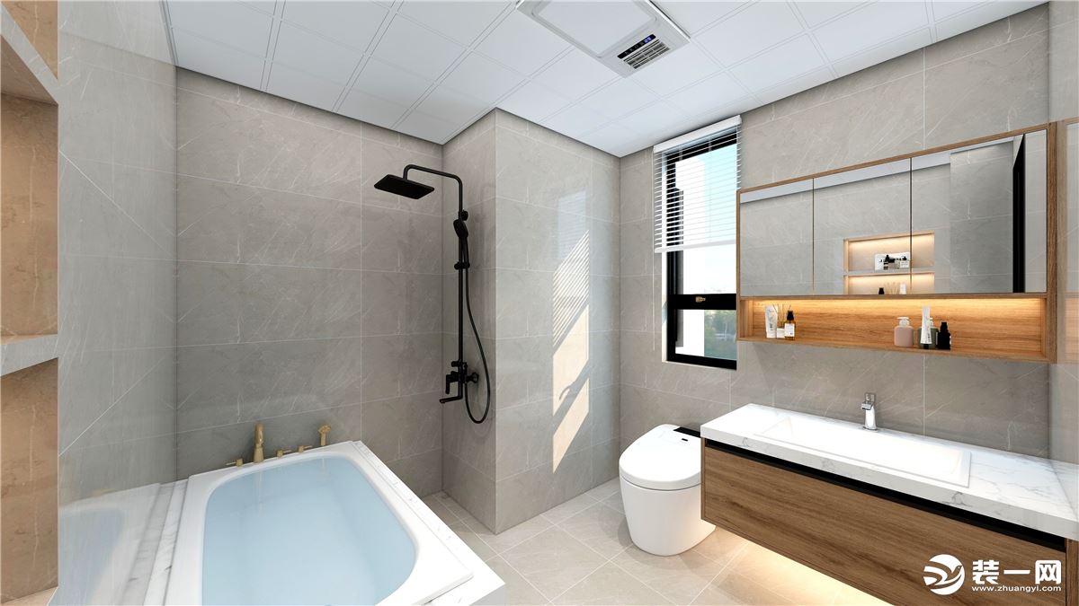 卫生间选用灰色墙砖搭配浅色的地砖，木饰面浴室柜使得整个空间不那么单调。壁龛增加了空间利用率。