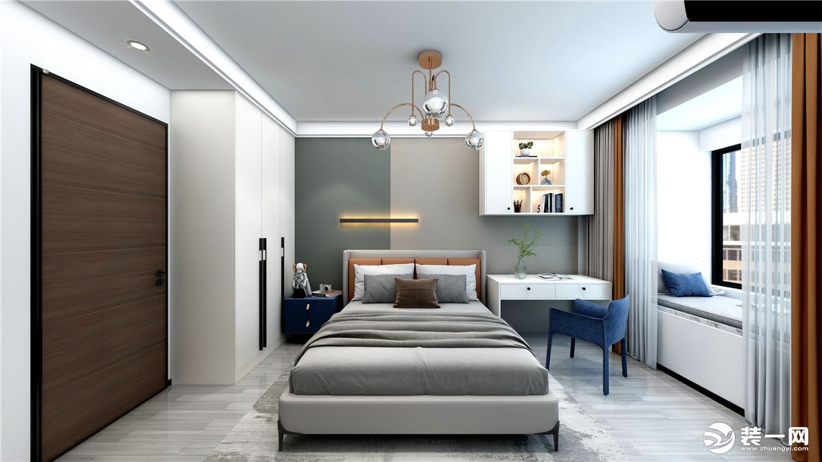 床头背景墙运用了墨绿色和浅灰色做拼接，使得整个空间沉稳大气，蓝色的床头柜和椅子的加入丰富了空间的色彩