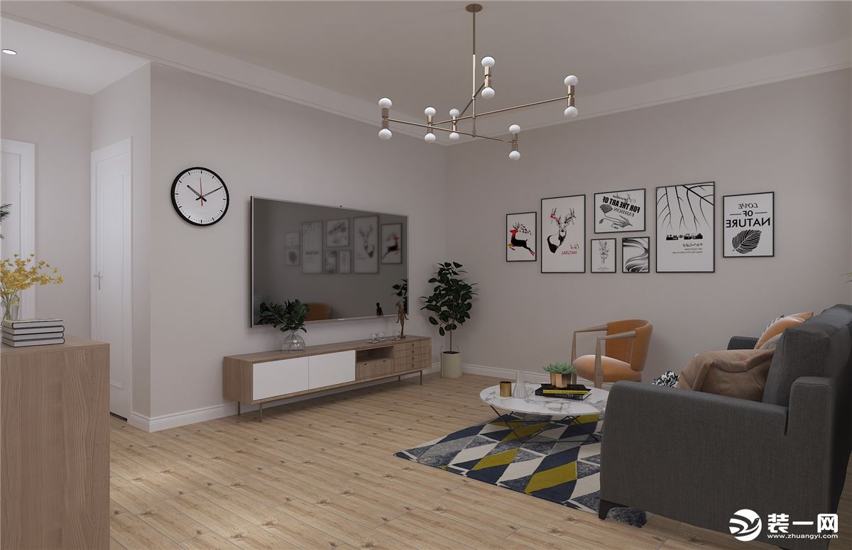 客厅采用暖黄地板使空间也比较温馨，沙发有靠背，整体居住布局合理设计。