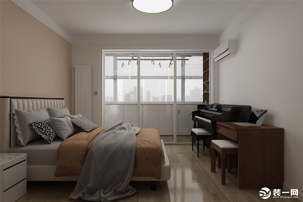 整体色调是以暖色调为主，床头背景墙采用暖橘色作为装饰效果，增加卧室的的氛围感。