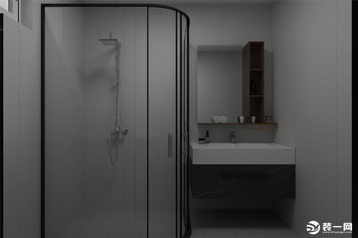 卫生间空间较小，设计的比较紧凑，浴室柜深色柜体结合空间的灰色调丰富层次，墙排的设计还节省空间。