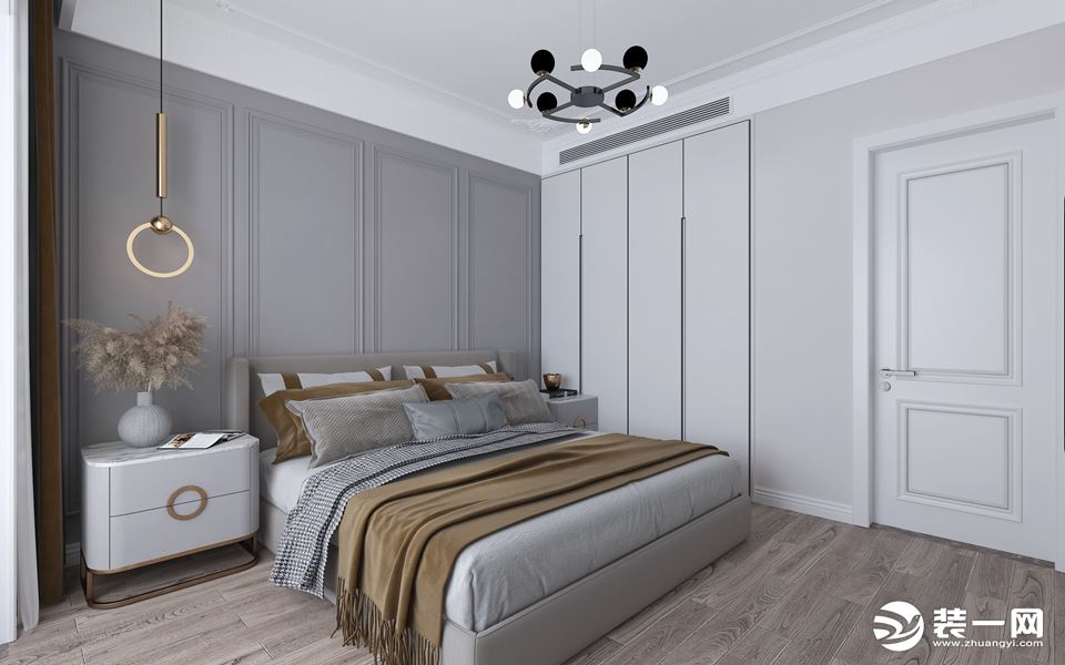 次卧色调简约，背景墙采用灰色调结合白色墙面显得房间安静、舒适。