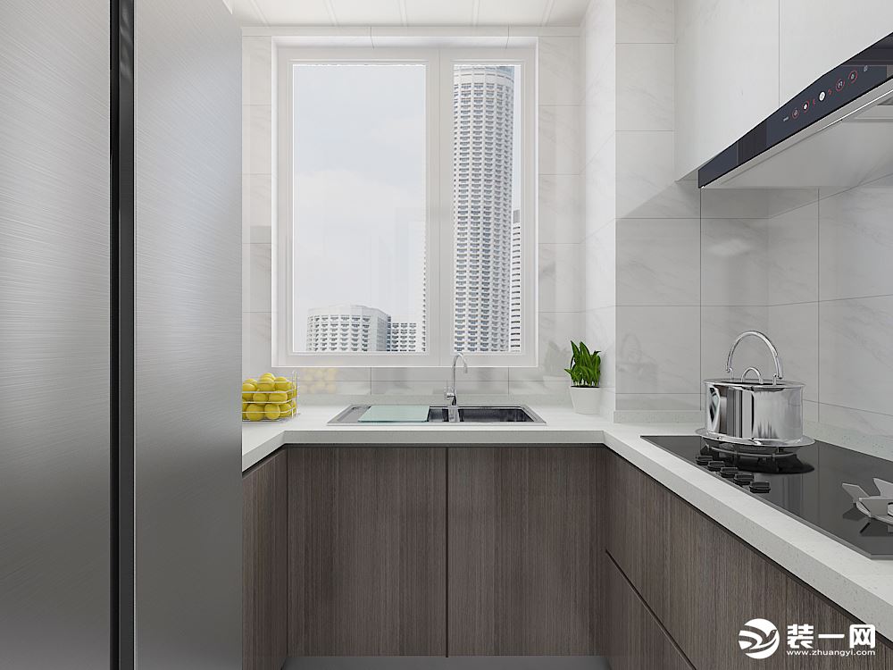 厨房小U字型设计最大化利用空间，墙砖用的白色带纹理的，搭配的木纹色的柜子，更加干净，有质感。