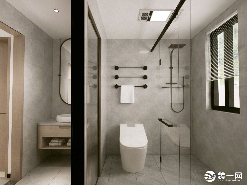 次卫采用干式分离的设计，采用一字型淋浴隔断让空间利用率更高，看起来的明朗、干净。