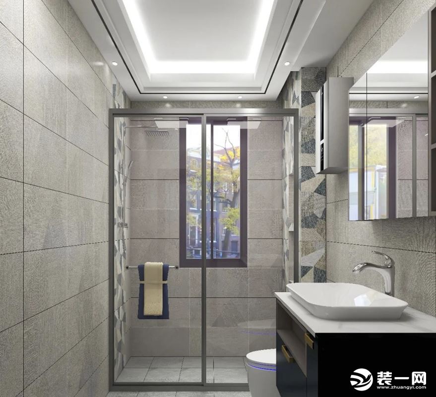 卫生间灰色调与整体空间相呼应，采用干湿分离的设计避免水渍的外露。黑色浴室柜搭配白色台面增显质感。