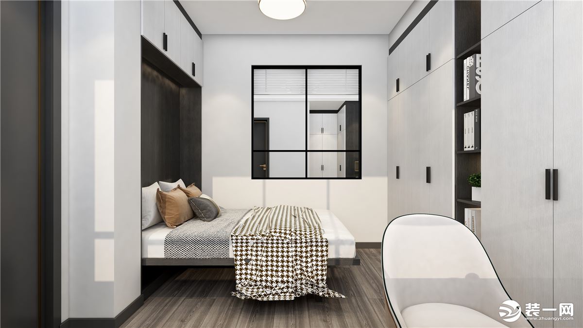 次卧室采用上翻床的定制窗体，增加了原有空间的储物功能，同时也满足了客户临时休息的环境。