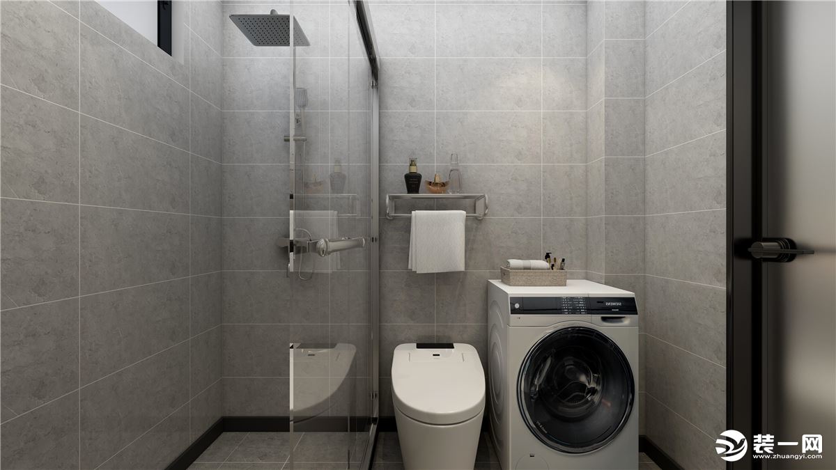 卫生间整体空间采用灰色调，看起来舒适、易打扫，对于洁具的放置通过分区域的形式，使用起来更方便。