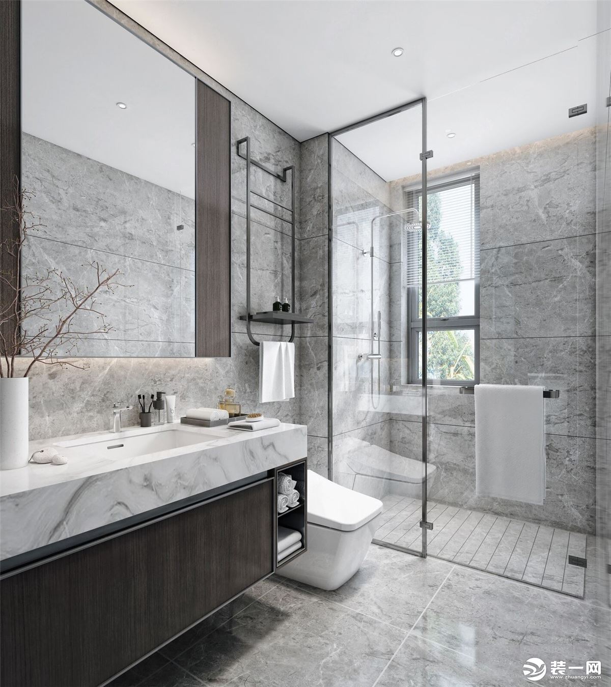 客卫墙地面通铺深色纹理的大理石，洁具选用简约款，淋浴房则采用极简的边框款式。