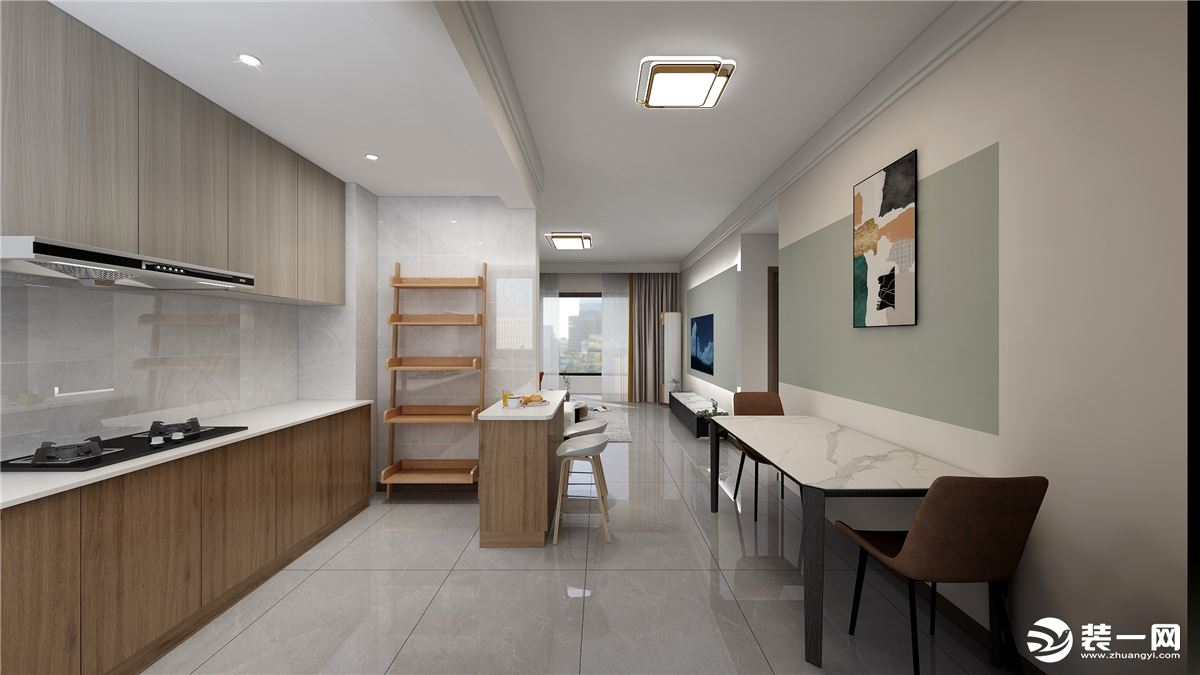 厨房采用L字型的设计，旁边是窗户通风性也好，采用原木色调的柜体和整体风格相呼应，给人一种安静的氛围。