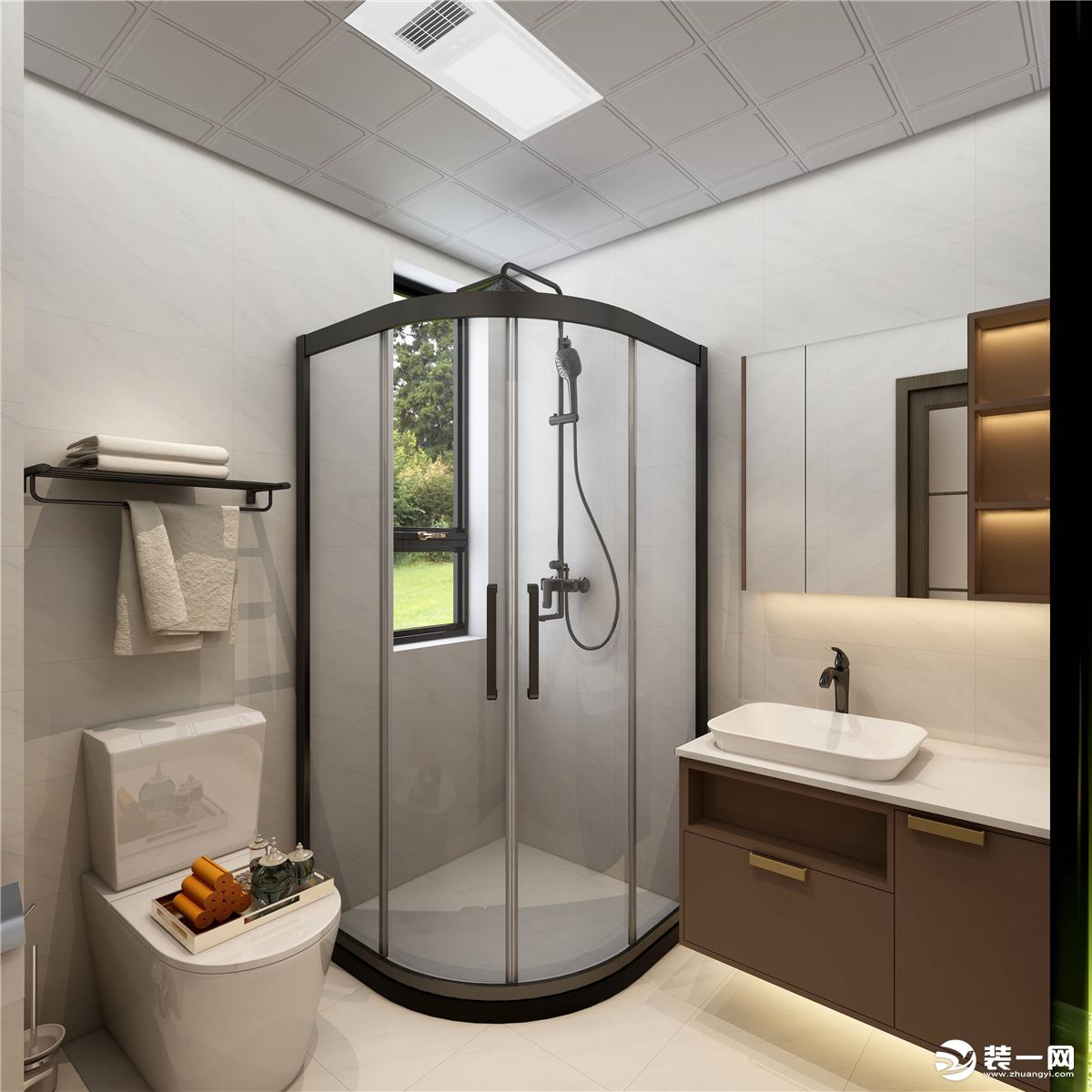 淋浴区使用了米白色瓷砖通铺，整个空间显得干净整洁。