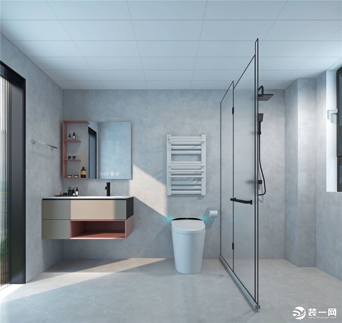 卫生间设计的干湿分离，整体空间利用性更高，墙排的浴室柜后期打扫起来更方便。