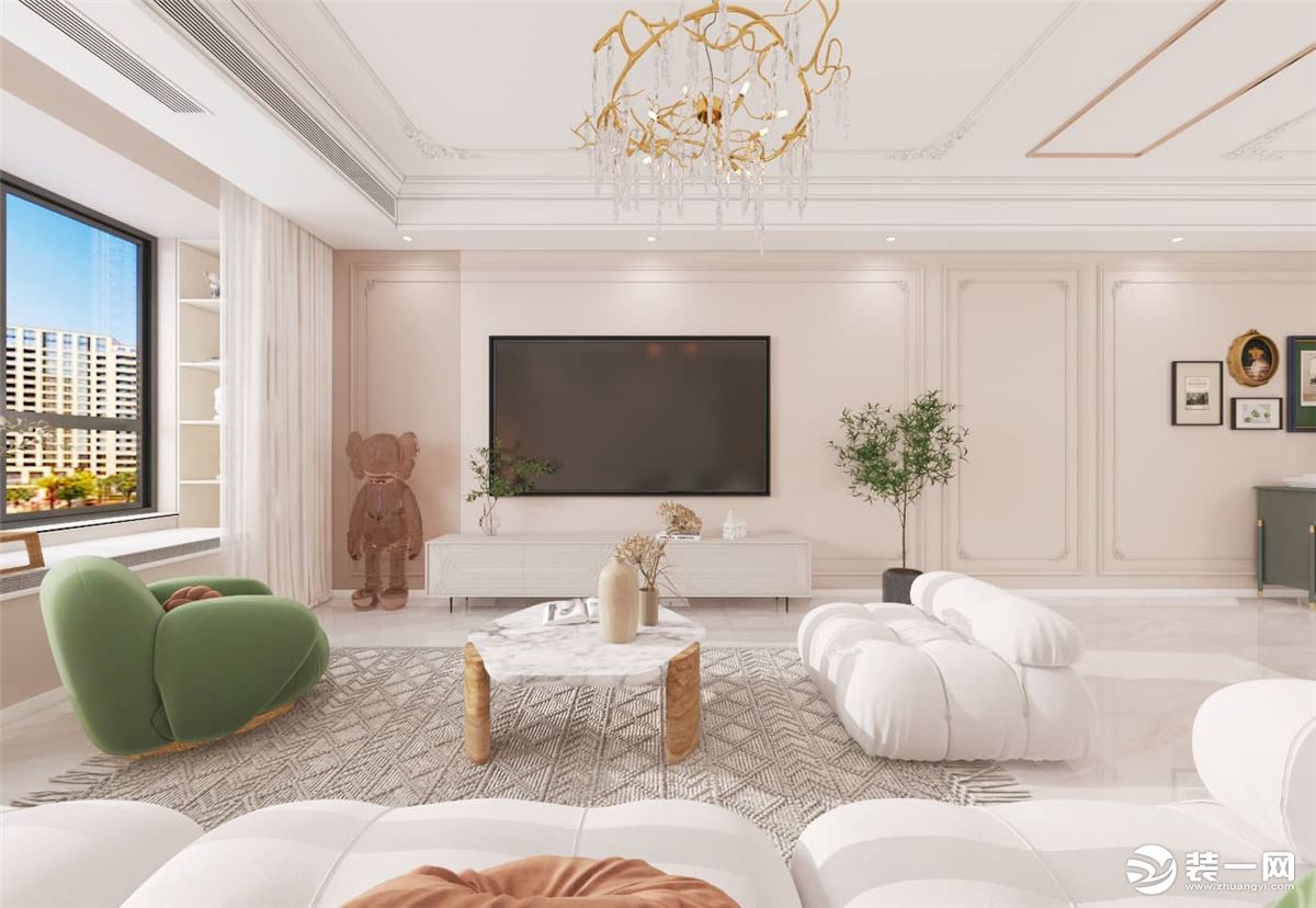 电视背景墙采用精致石膏线条搭配乳胶漆拼色装饰，以简单的奶油系配色温柔了整个空间，构建了客厅的高级感。